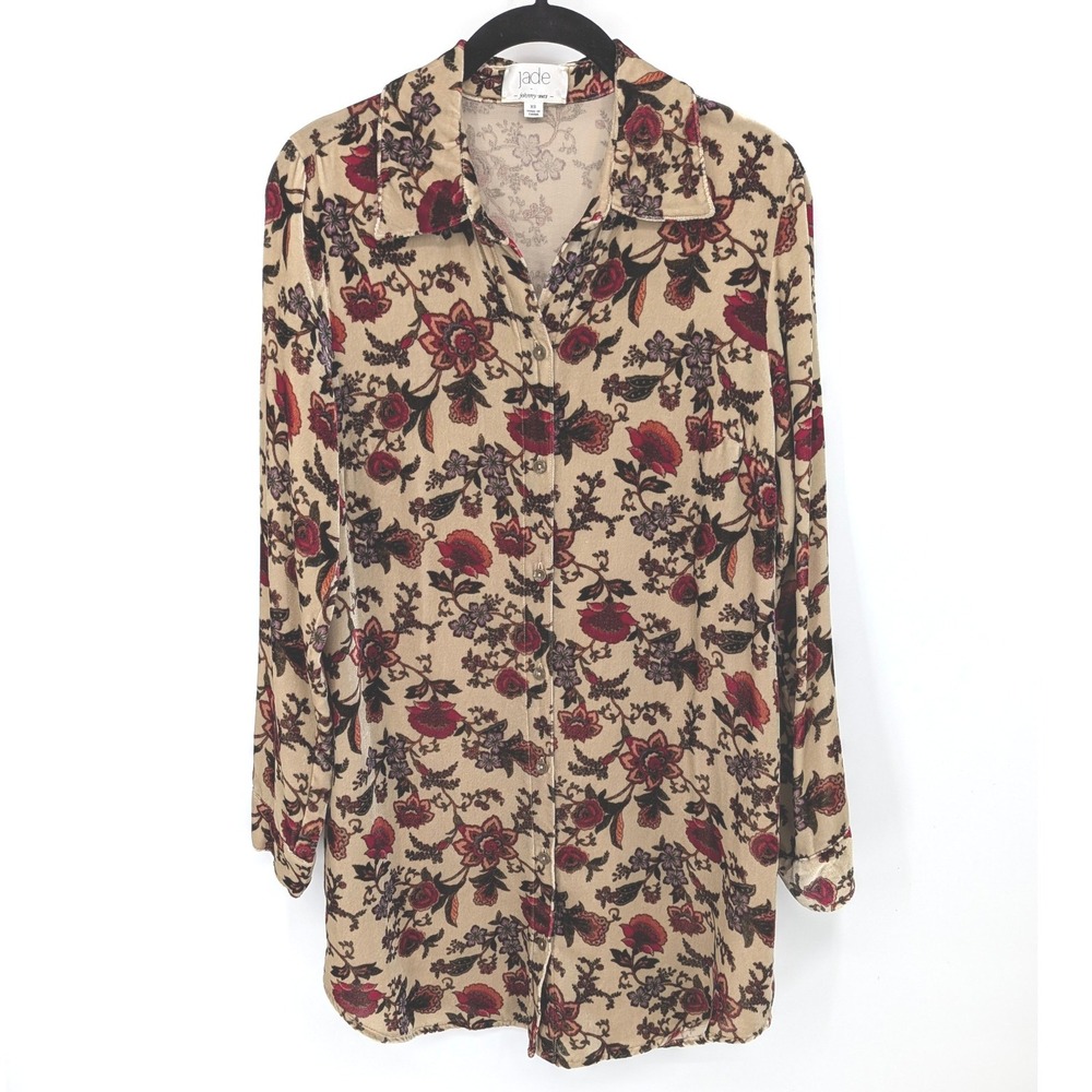 Johnny Was Jade Silk‎ Blend Top Womens XS Tan Velvet Button Down Tunic Blouse